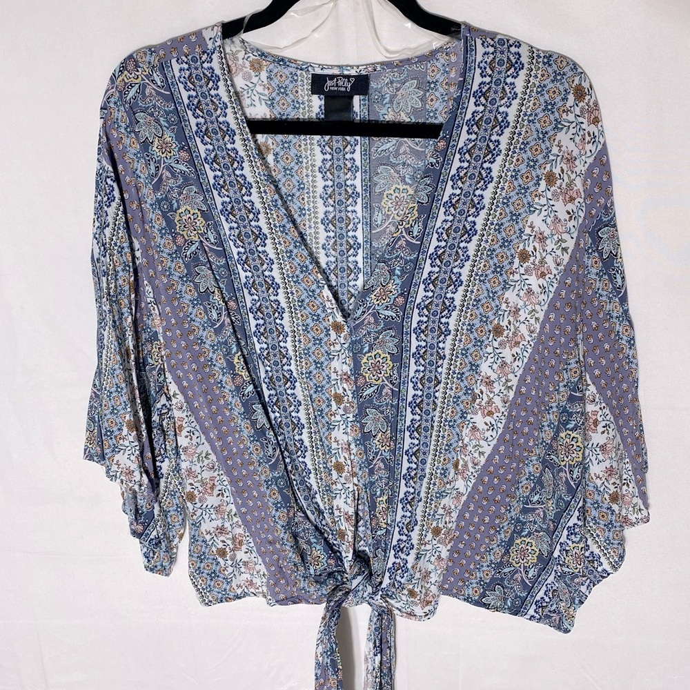 Just Polly Blue Boho Multi Floral Stripes Tie Front Blouse L Festival Coastal